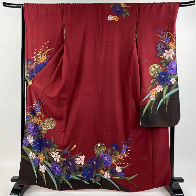 振袖 身丈163.5cm 裄丈67.5cm L 袷 鼓 菊唐草 金糸 金彩 灰色