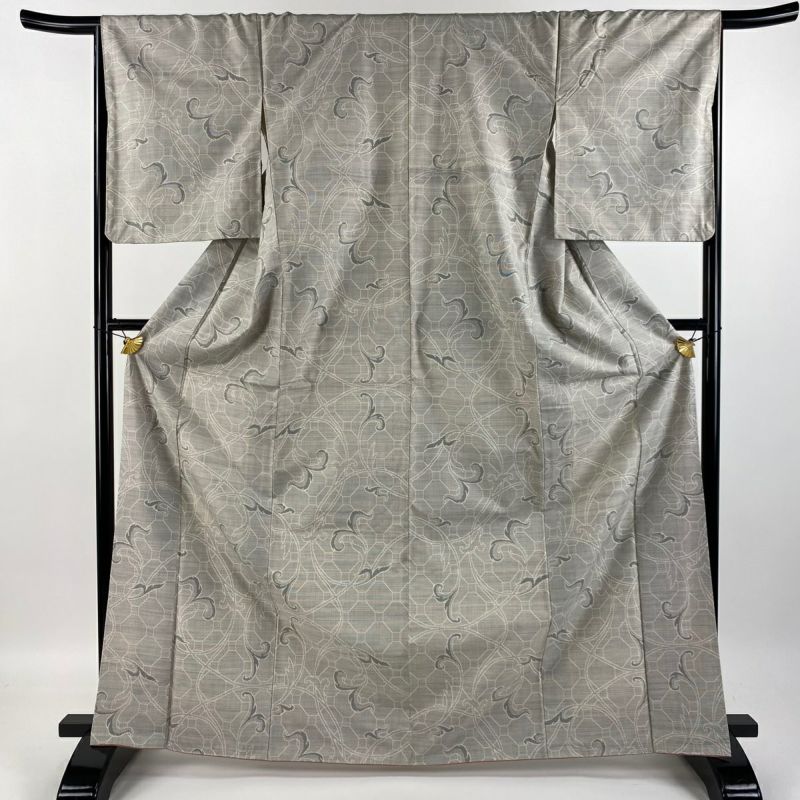 紬 身丈167.5cm 裄丈66cm M 袷 唐草 蜀江文 灰色 正絹 美品 秀品