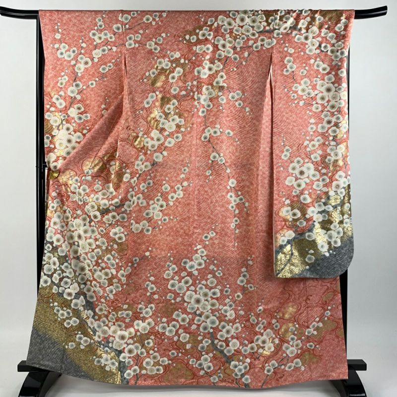 振袖 身丈164.5cm 裄丈66.5cm M 袷 枝梅 波 金彩 染め分け