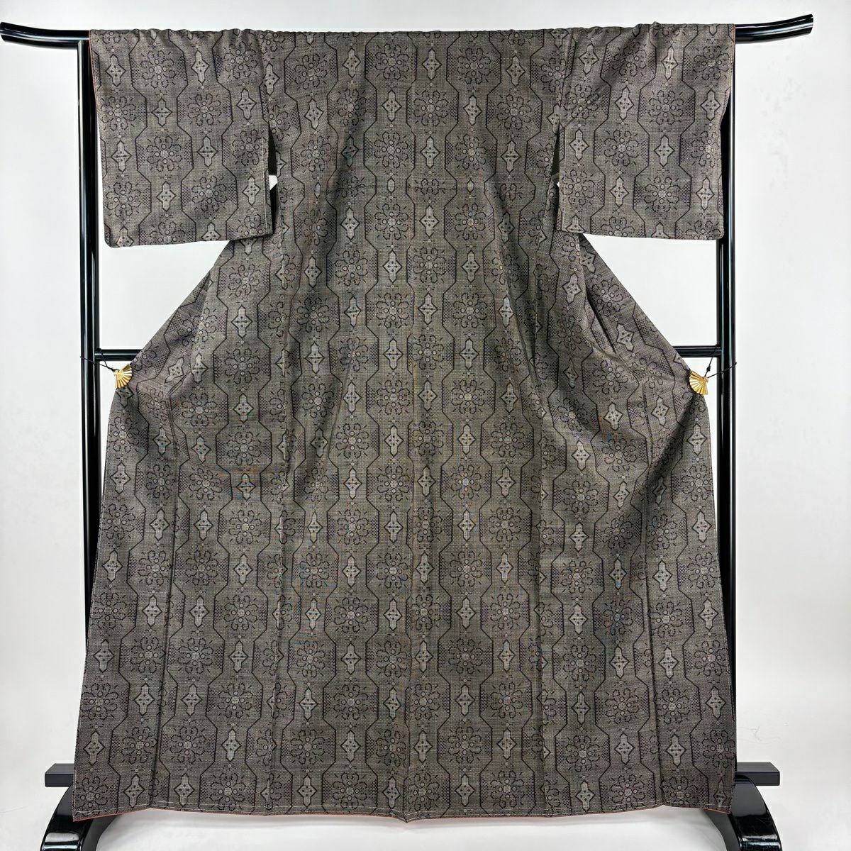 紬 身丈160.5cm 裄丈67cm M 袷 名古屋帯セット 草花 段縞 焦茶色