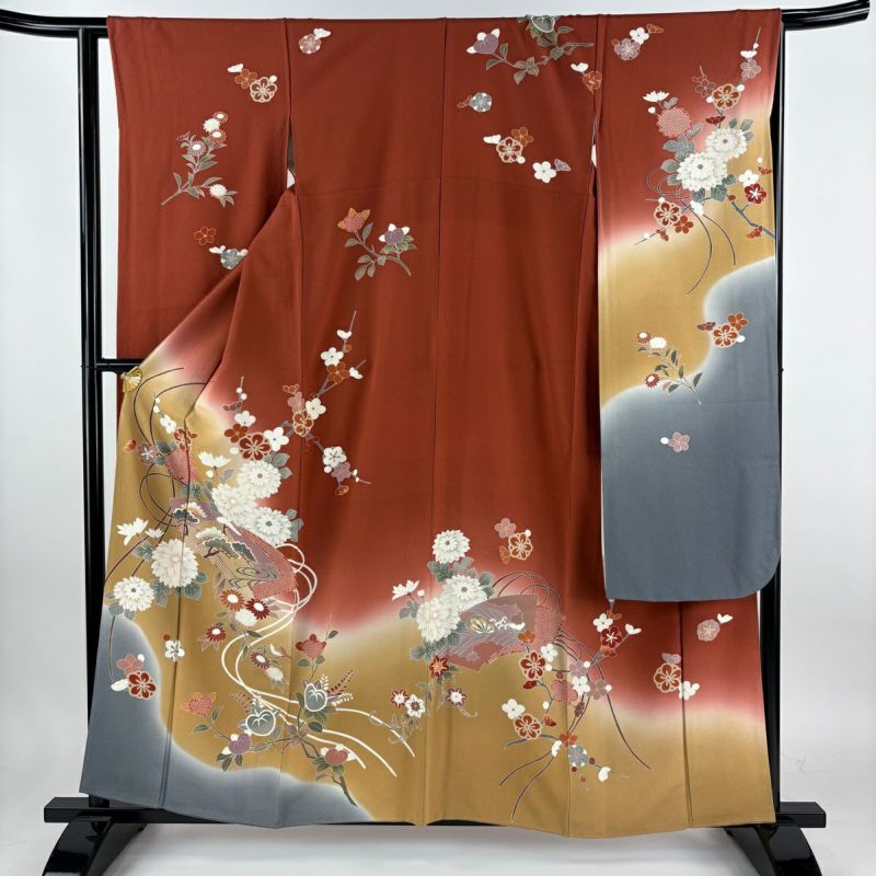 振袖 身丈159.5cm 裄丈63cm S 袷 扇面 菊 金糸 染分け 赤茶 正絹