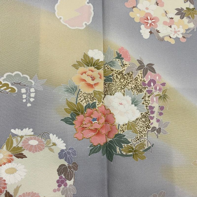 2072.品のある花 ちりめん 縦筋 着物 小紋 2072.品のある花 袷