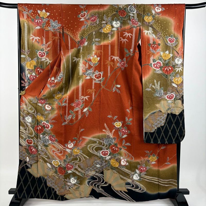 高級 振袖 青色 花柄 身丈172.5cm 裄丈67cm M 牡丹松竹梅金彩 安い！モード 黒/ブルー(青色) 牡丹柄 派手 綺麗 かっこいい振袖