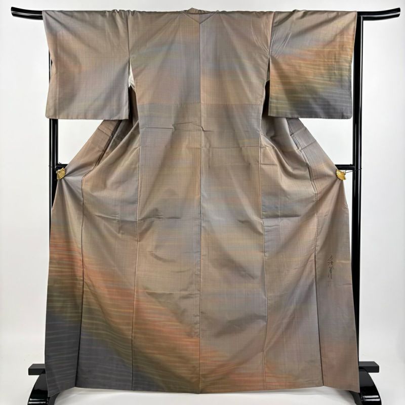 新発売 新商品 袷 M 裄丈67cm 身丈170cm 付下げ 紬地 灰茶 ぼかし 霞 落款あり 着物・浴衣