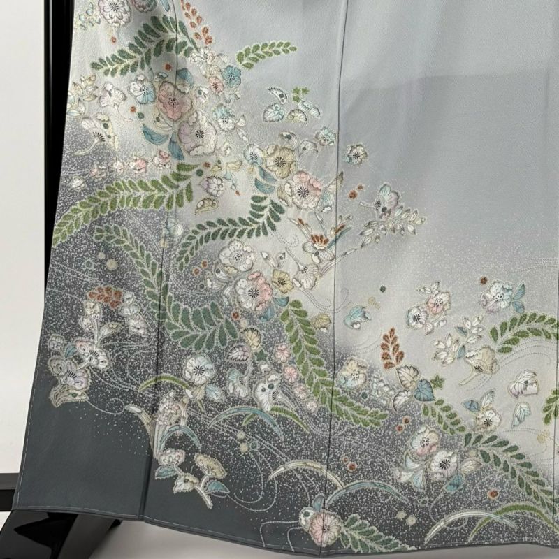 訪問着 身丈165cm 裄丈66cm M 袷 辻が花 箔 ぼかし 灰色 正絹 美