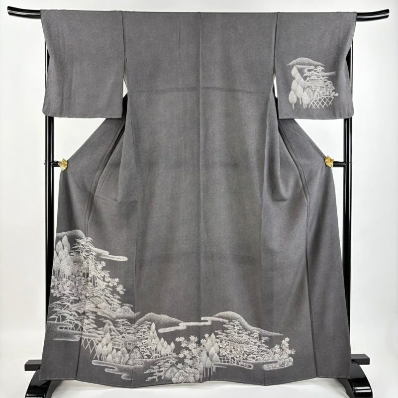 美品 付下げ グレー 波 袷 身丈158.0cm 裄丈69.0cm お洒落正絹