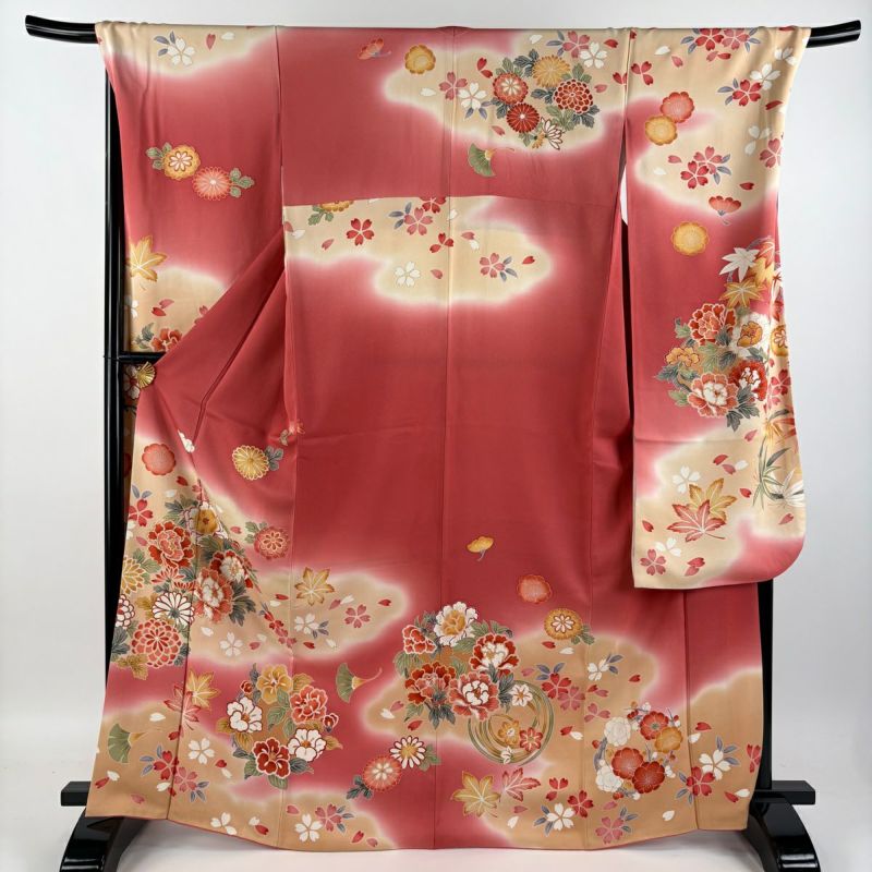振袖 着物 正絹 刺繍 花模様 蝶 ラメ 銀通し 赤色 多色 金 身丈177.5