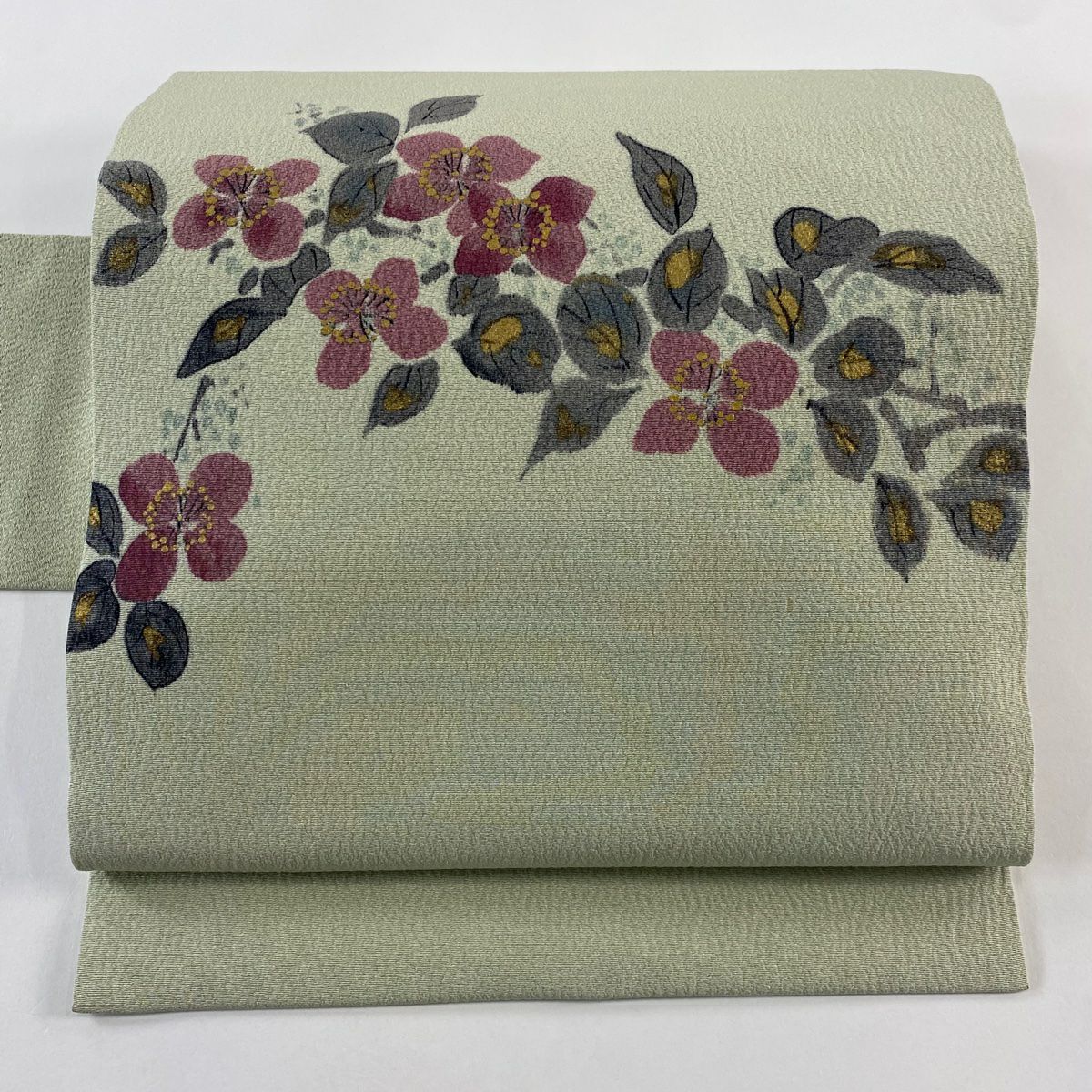 名古屋帯 秀品 落款あり 山科春宣 枝花 金彩 薄緑 正絹｜中古・古着