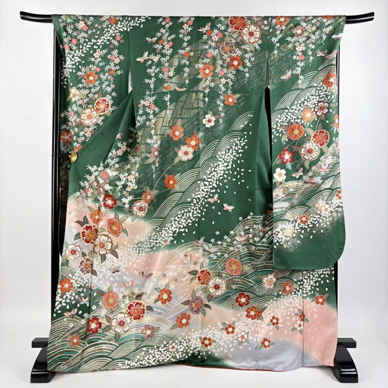 振袖 身丈172cm 裄丈68.5cm L 袷 蝶 桜 金糸 金銀彩 緑 正絹