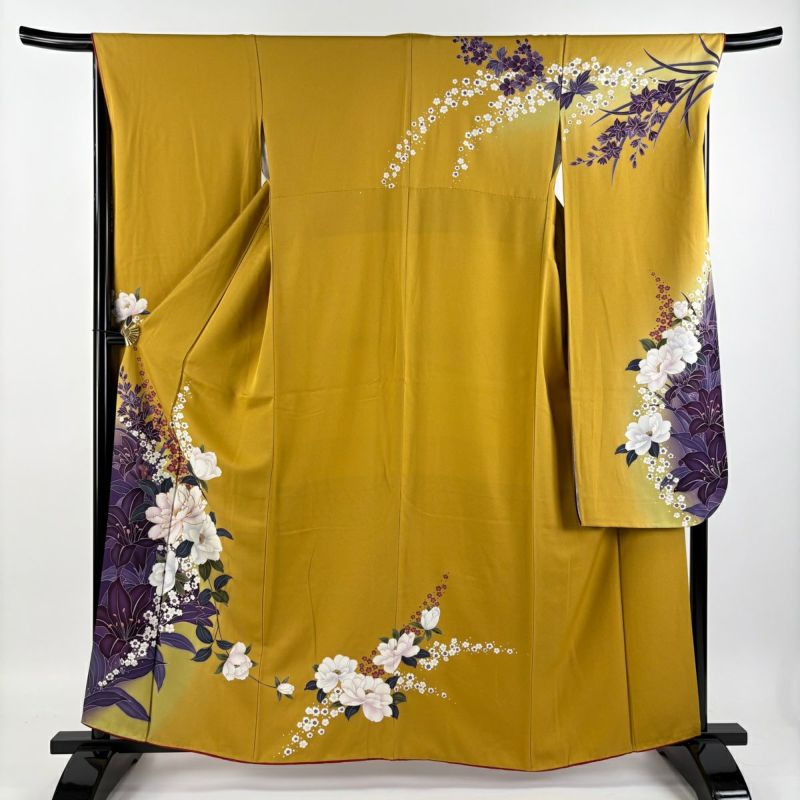 振袖 身丈160cm 裄丈67cm M 袷 牡丹 梅 金糸 金彩 山吹色 正絹