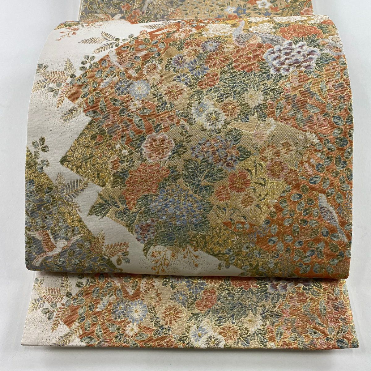 袋帯 美品 秀品 草花 箔 銀色 六通 正絹｜中古・古着