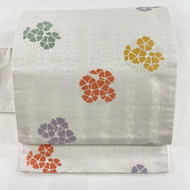 名古屋帯 美品 秀品 草花 七宝 唐織 灰紫 正絹｜中古・古着