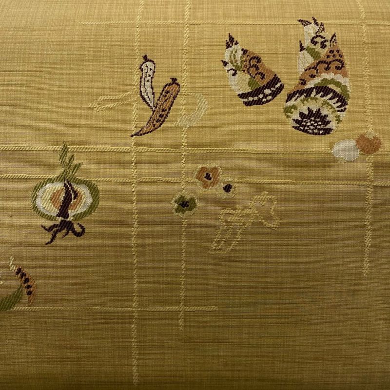 名古屋帯 美品 秀品 紬地 筍 野菜 刺繍 山吹茶色 正絹｜中古