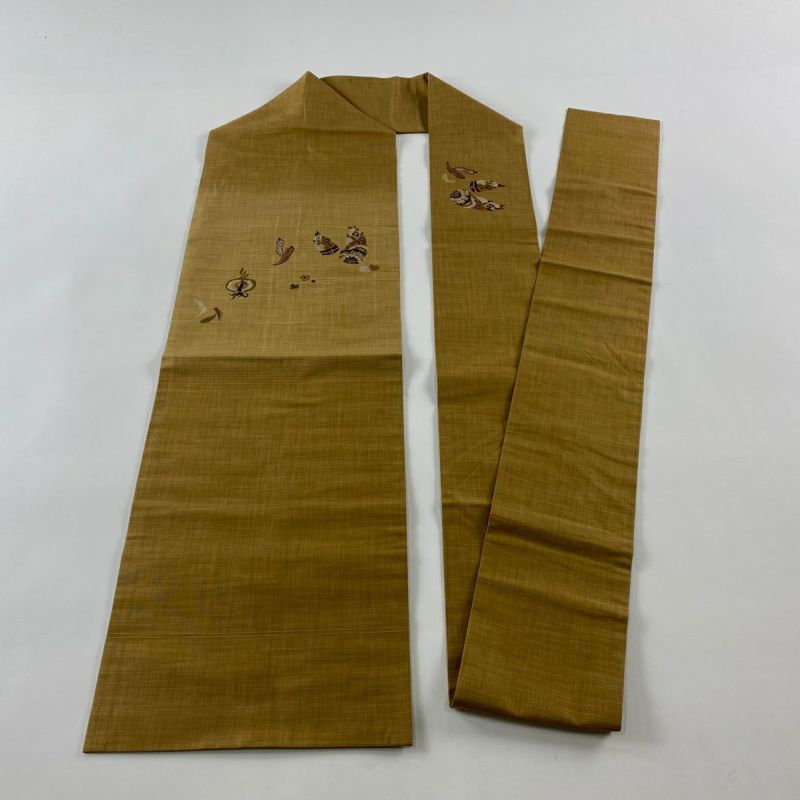 名古屋帯 美品 秀品 紬地 筍 野菜 刺繍 山吹茶色 正絹｜中古