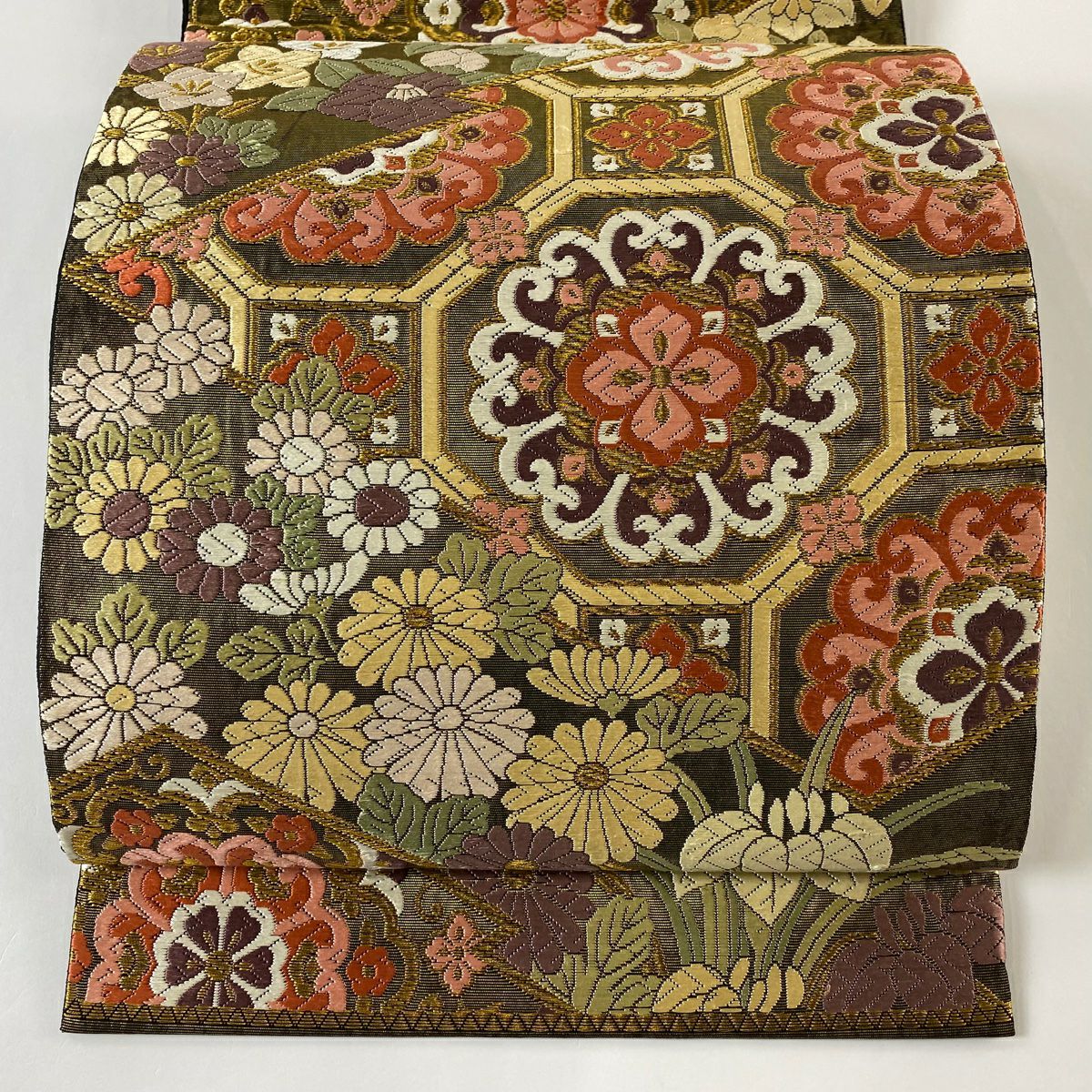 袋帯 逸品 華文 蜀江華文 金糸 刺繍 よもぎ色 全通 正絹｜中古
