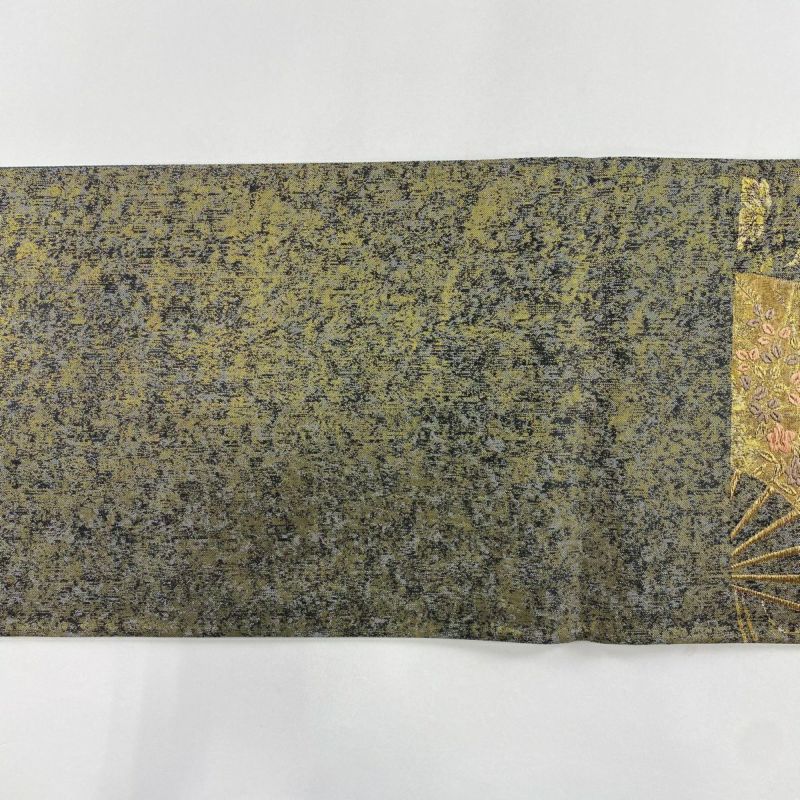 袋帯 美品 秀品 花扇流水文様 金糸 刺繍 灰緑 六通 正絹｜中古