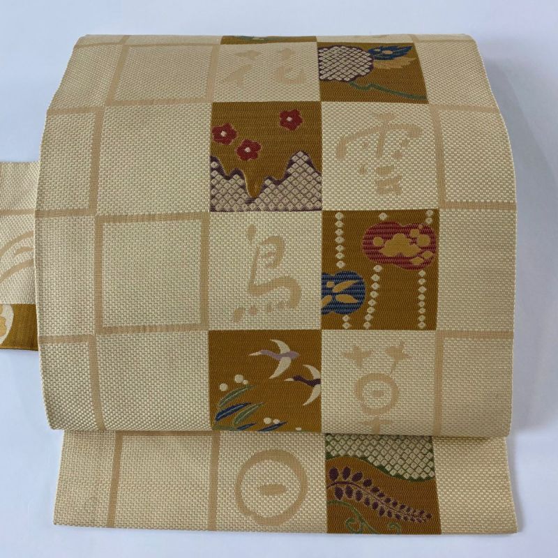 名古屋帯 美品 秀品 文字文 草花 ベージュ 正絹｜中古・古着