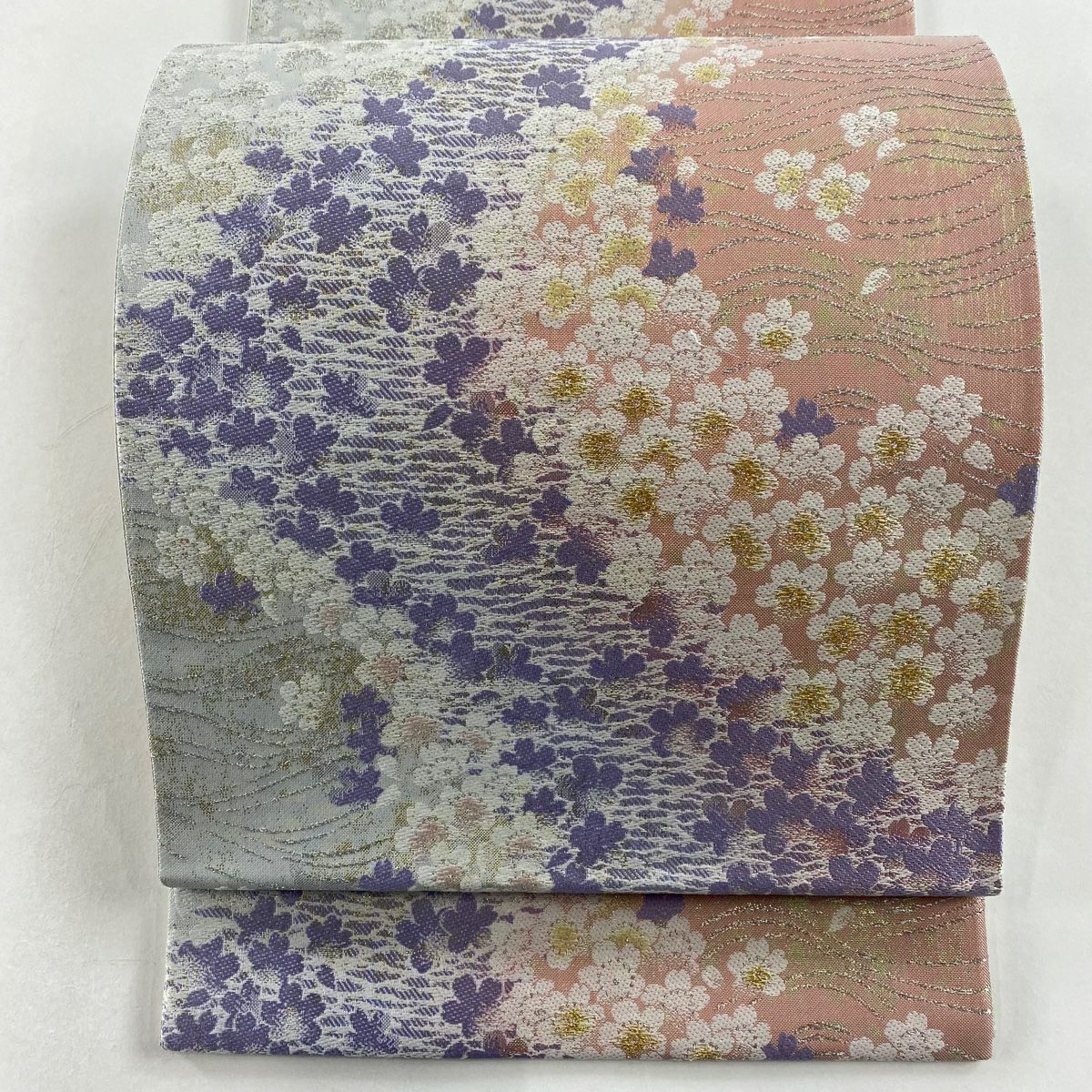 袋帯 美品 秀品 桜 流水 箔 金銀糸 薄紫 六通 正絹|中古・古着 袋帯 美品 秀品 桜 流水 箔 金銀糸 薄紫 六通 正絹|中古・古着