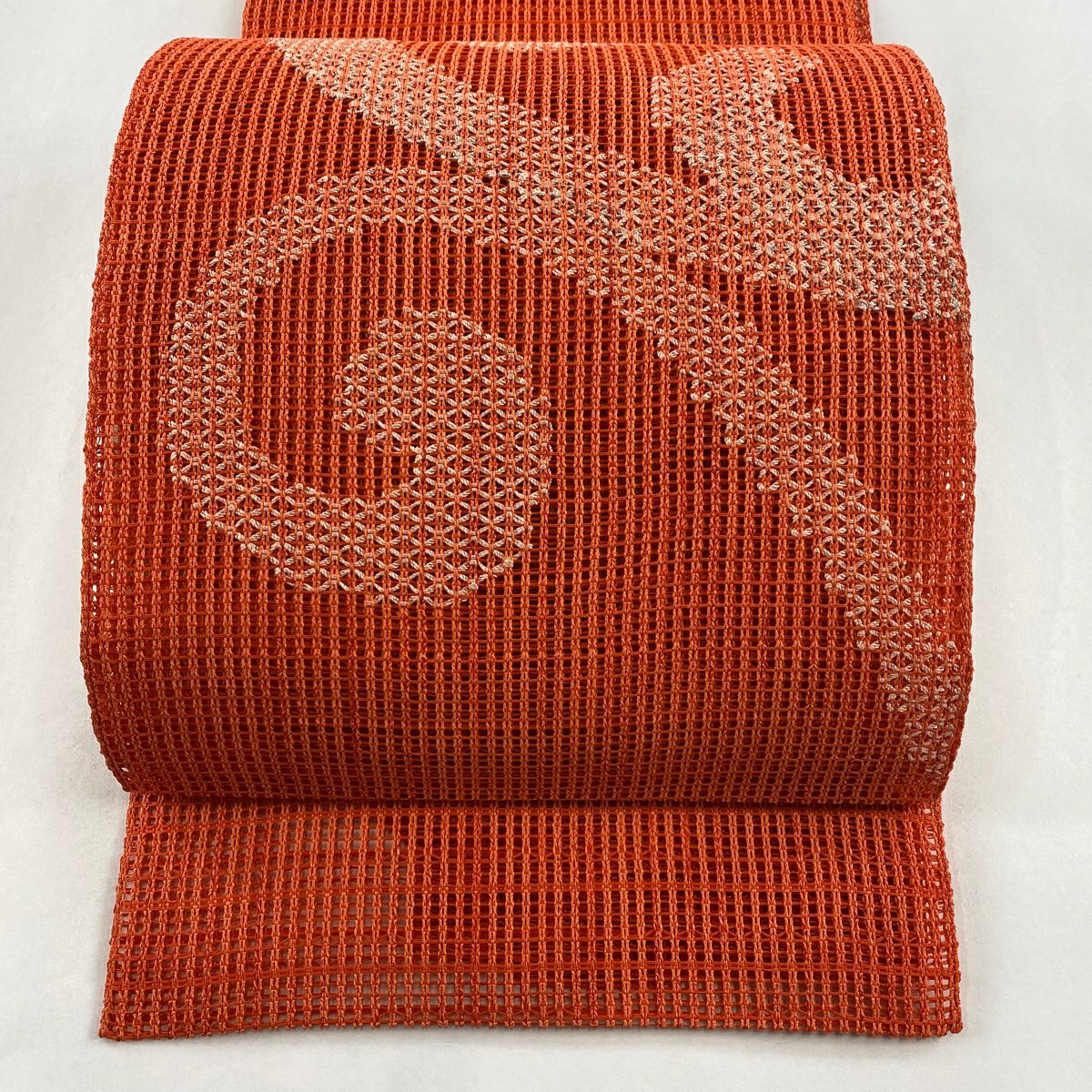 名古屋帯 優品 夏帯 紗 松葉仕立て 八寸名古屋帯 メダカ 朱色