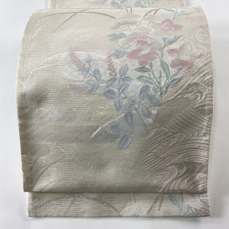袋帯 美品 秀品 夏帯 秋草 ヱ霞 銀糸 箔 白 六通 正絹｜中古