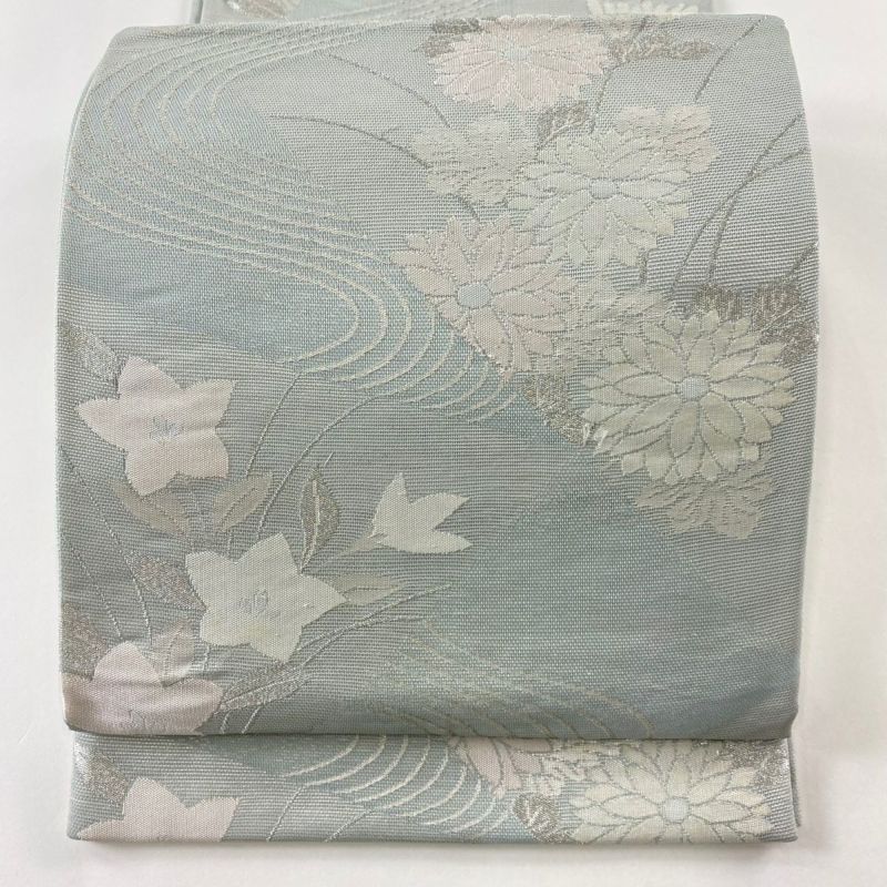 袋帯 秀品 夏帯 秋草 流水 箔 銀糸 水色 六通 正絹｜中古・古着