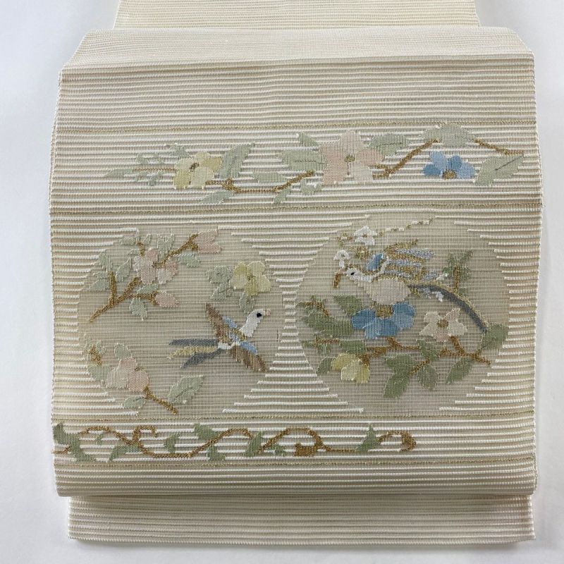 袋帯 秀品 夏帯 絽 花鳥 草花 金銀糸 クリーム お太鼓柄 正絹
