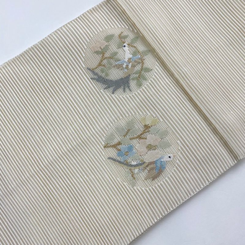袋帯 秀品 夏帯 絽 花鳥 草花 金銀糸 クリーム お太鼓柄 正絹
