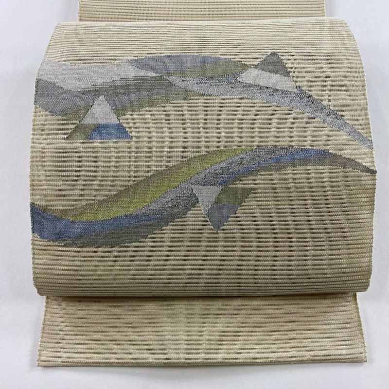 名古屋帯 秀品 夏帯 絽 雪輪 秋草文 金銀糸 箔 青黒 正絹｜中古