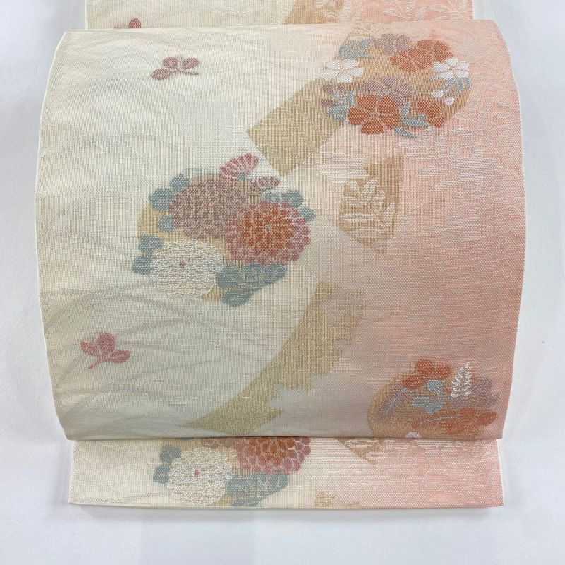 袋帯 美品 秀品 夏帯 花丸文 短冊 金糸 箔 薄ピンク 六通 正絹