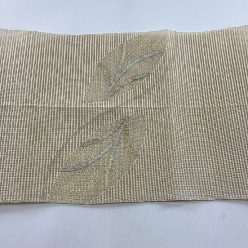 C9 美品 夏物 羅 幾何学模様 ベージュ 正絹 六通 名古屋帯 松葉
