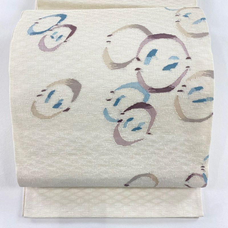 袋帯 美品 秀品 夏帯 幾何学模様 クリーム お太鼓柄 正絹｜中古