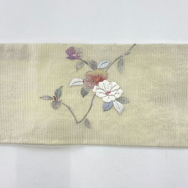 名古屋帯 秀品 夏帯 枝花 刺繍 銀彩 灰紫 正絹｜中古・古着