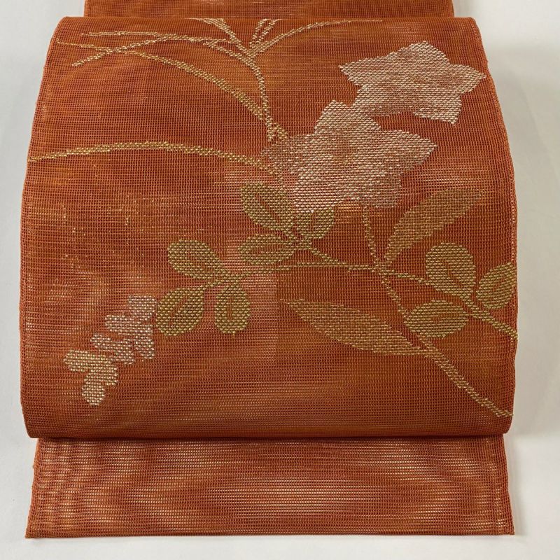 袋帯 美品 秀品 夏帯 秋草 箔 金銀糸 朱色 お太鼓柄 正絹｜中古