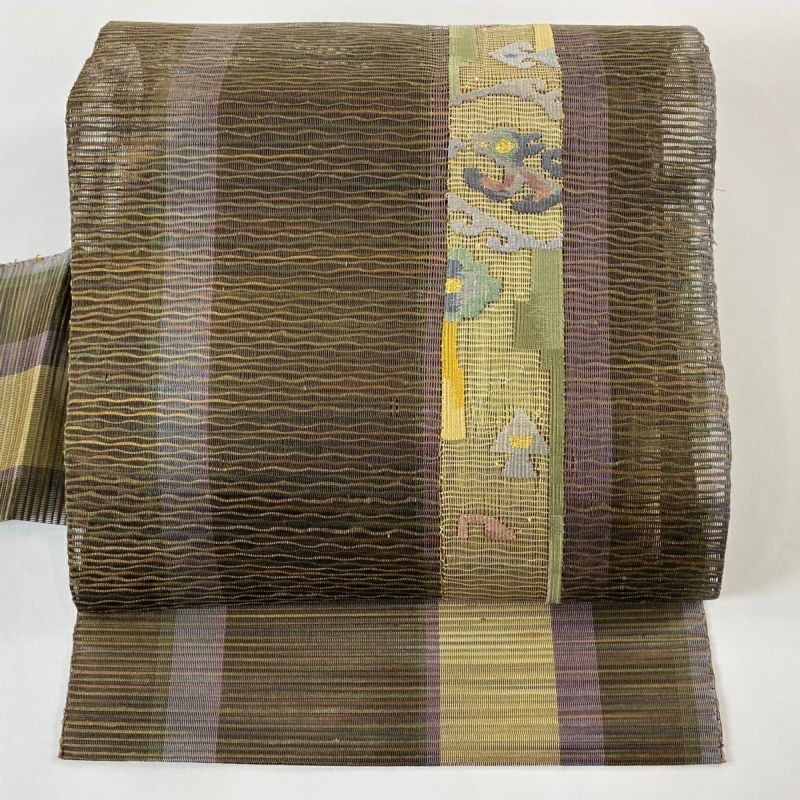 名古屋帯 秀品 夏帯 絽 縞 幾何学 金糸 茶紫 正絹｜中古・古着