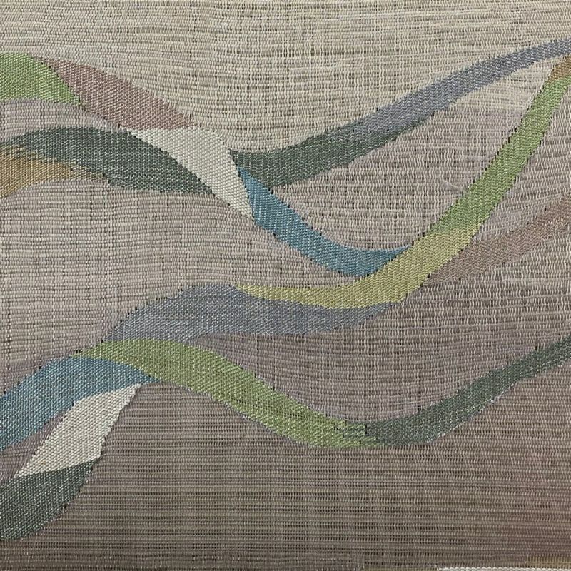 名古屋帯 秀品 夏帯 絽 幾何学模様 銀糸 ベージュ 正絹｜中古