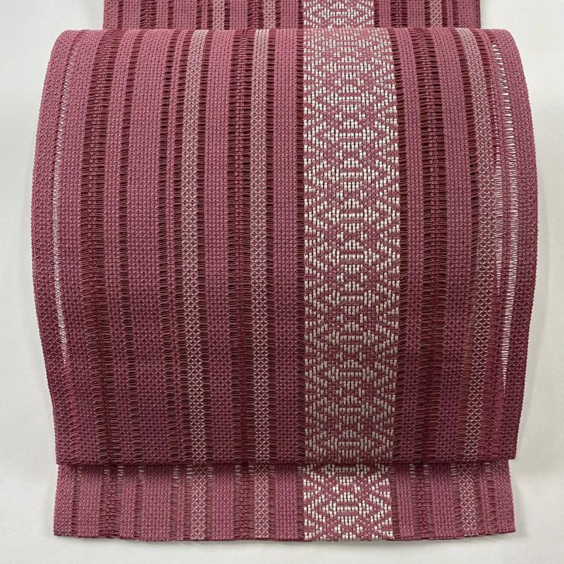 名古屋帯 秀品 夏帯 八寸名古屋帯 縞 幾何学模様 ピンク 正絹