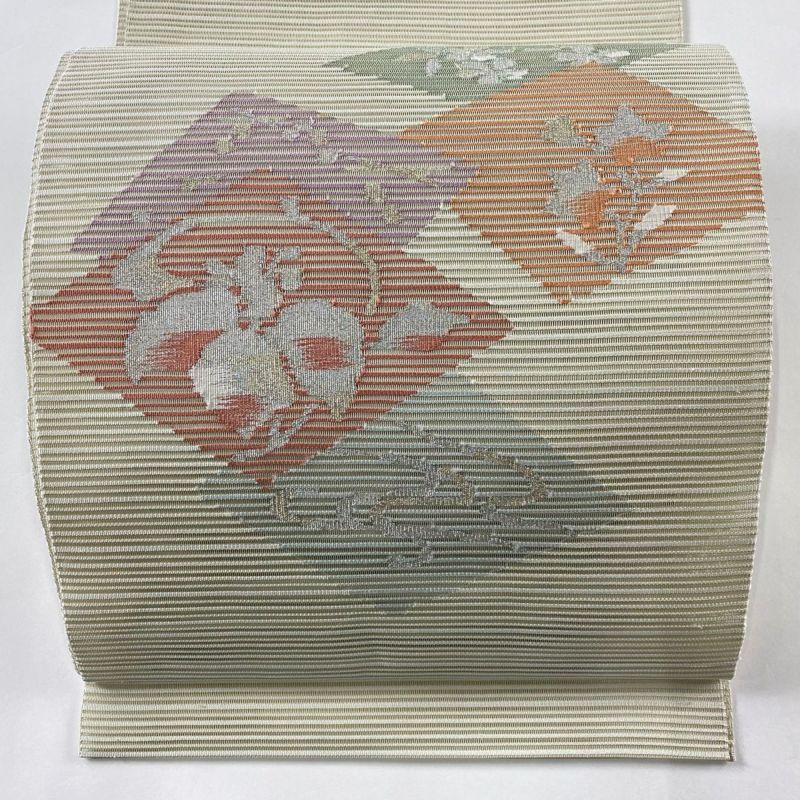 訳あり 菱 草花 八寸名古屋帯 絽 夏帯 秀品 名古屋帯 金銀糸 正絹 灰緑 着物・浴衣