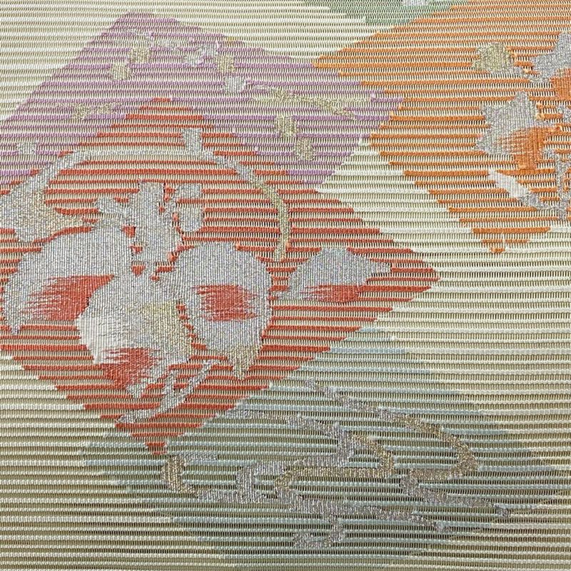 入荷中 八寸名古屋帯 絽 夏帯 秀品 名古屋帯 草花 正絹 灰緑 金銀糸 菱 着物・浴衣