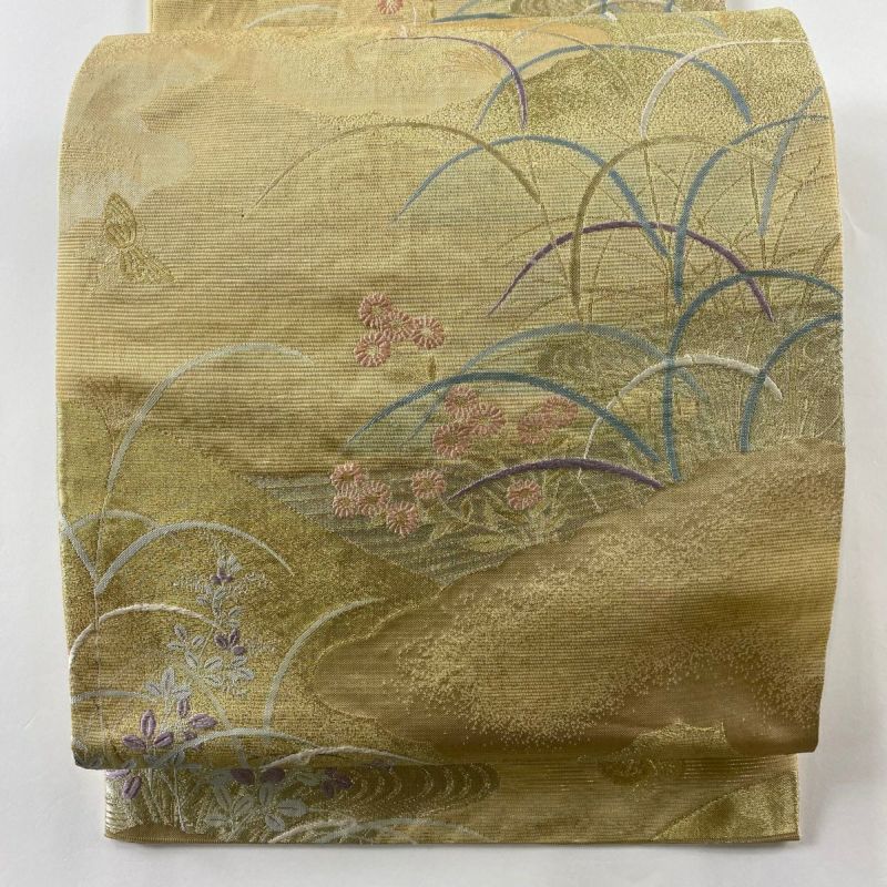 袋帯 秀品 夏帯 関西仕立て 初夏の微風 芝 秋草 金銀糸 箔 金色