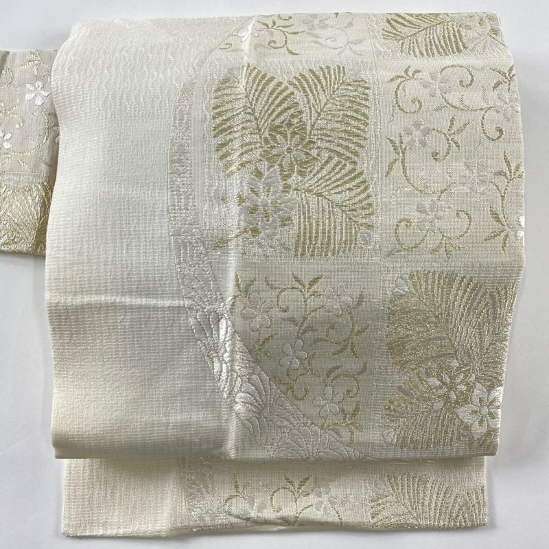 名古屋帯 秀品 夏帯 絽 若松 花唐草 金糸 箔 クリーム 正絹