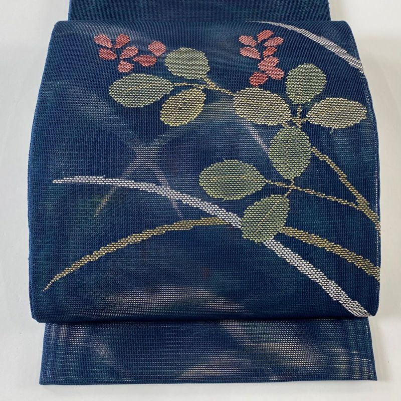 袋帯 美品 秀品 夏帯 草花 金銀糸 刺繍 紺色 お太鼓柄 正絹