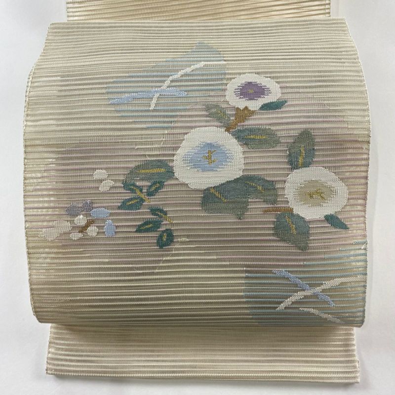 名古屋帯 秀品 夏帯 絽 草花 箔 金銀糸 ベージュ 正絹｜中古