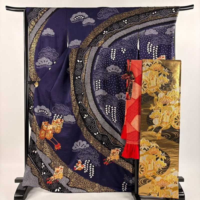 振袖 身丈167.5cm 裄丈67.5cm L 袷 袋帯フルセット 御所車 花