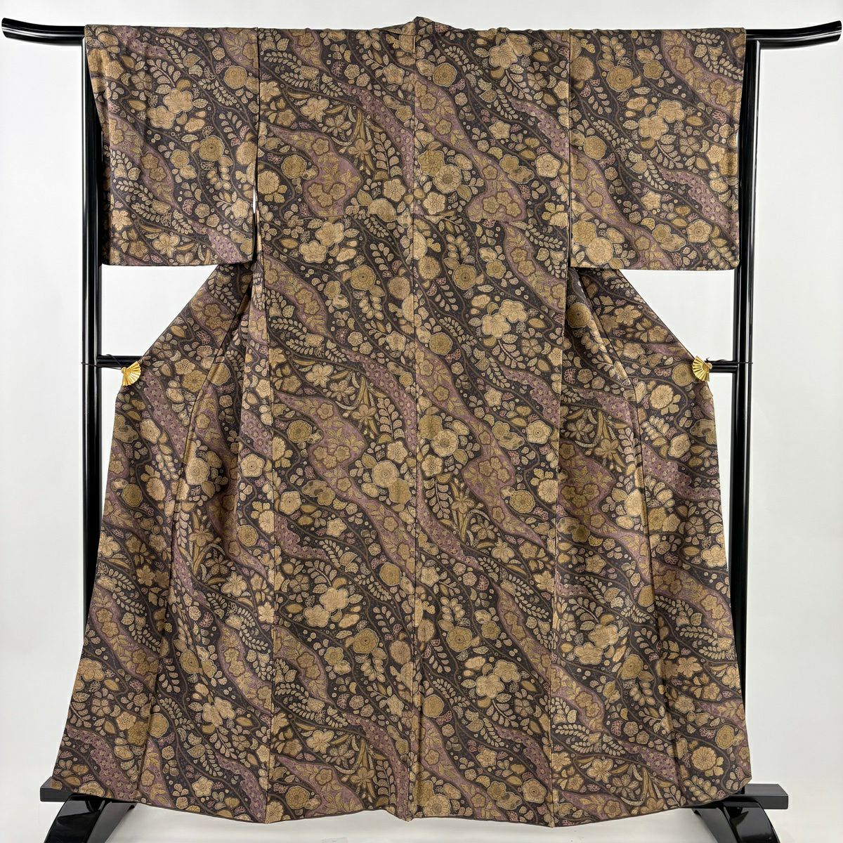 美品】小紋 身丈161.5cm 裄丈67.5cm L 袷 紬地 蛍ぼかし 絞り 茶紫