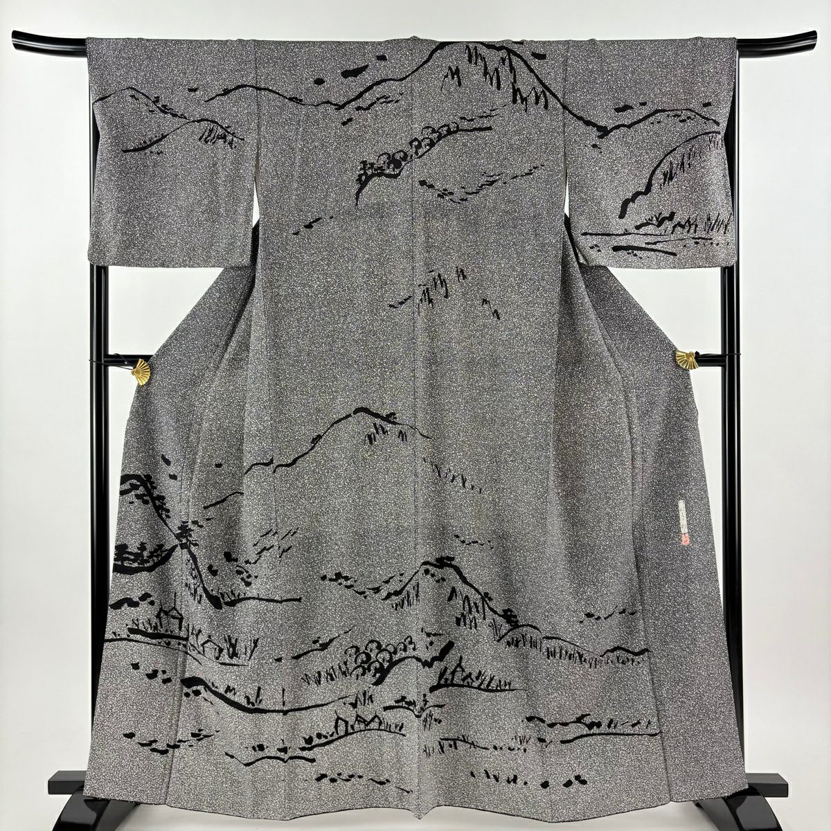 訪問着 身丈163cm 裄丈66.6cm M 袷 川村久太郎 落款あり 家屋 樹木 黒