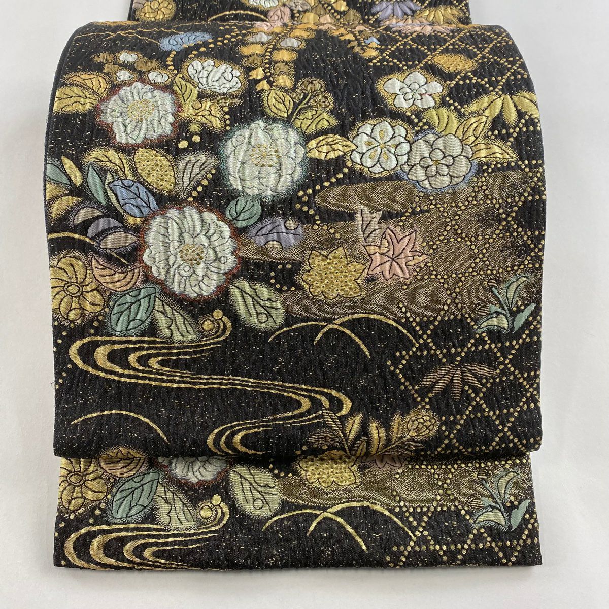 専用　 正絹　全通柄袋帯　振袖訪問着　ラメ金糸変わり市松文様 　超美品!!保管品 正絹 振袖用袋帯 紫系 ラメ 草花文 金銀糸 六通柄 86