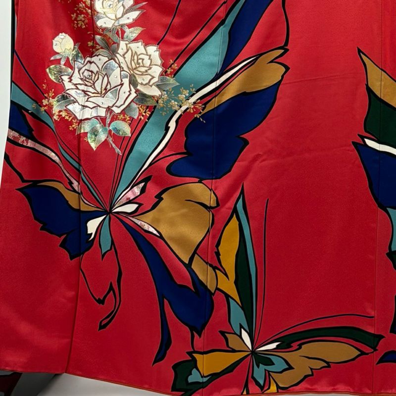 通販 激安 バチ衿 袷 L 裄丈67.5cm 身丈166cm 振袖 薔薇 ラインストーン 蝶 着物・浴衣