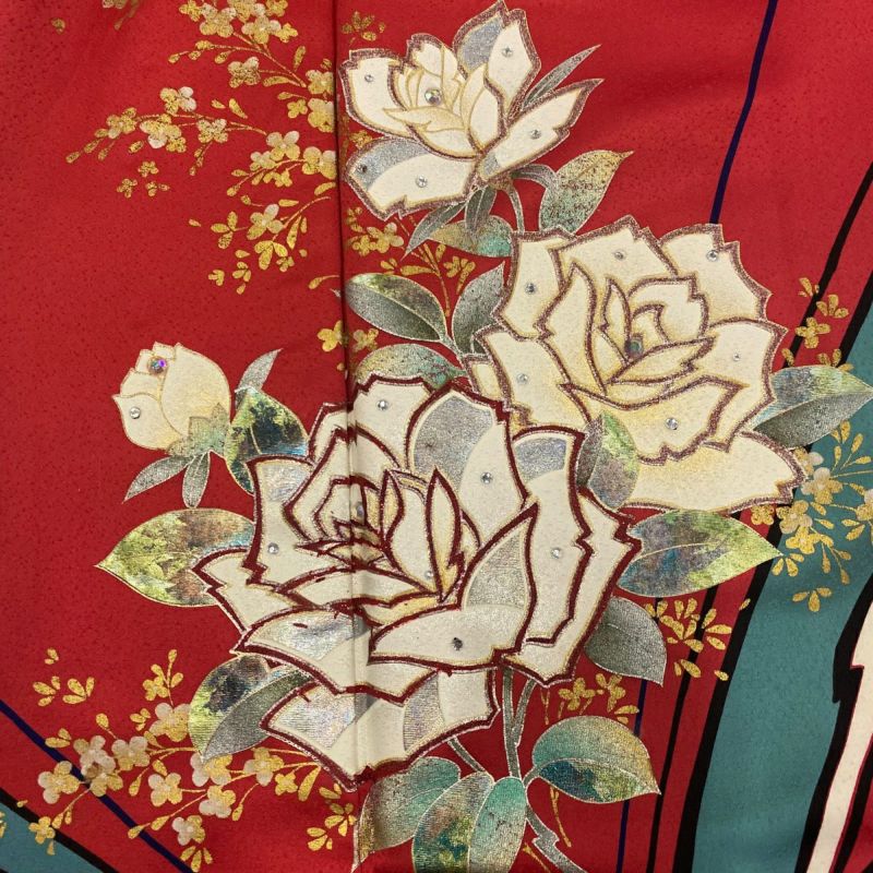 振袖 身丈166cm 裄丈67.5cm L 袷 バチ衿 薔薇 蝶 ラインストーン