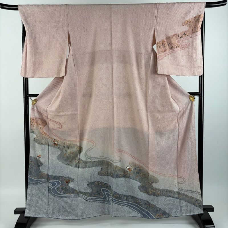 振袖 身丈163.5cm 裄丈63cm S 袷 牡丹 松 絞り 濃ピンク 正絹