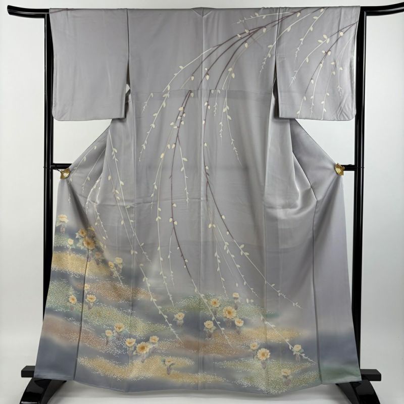 訪問着 身丈164cm 裄丈64.5cm M 袷 草花 水面 金銀彩 薄紫 正絹